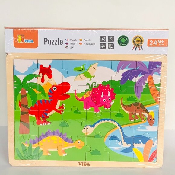 VIGA 24 Pcs Flat Wooden Puzzle w/Tray -Dinosaurs New Sealed For Age 2+ - Picture 10 of 14